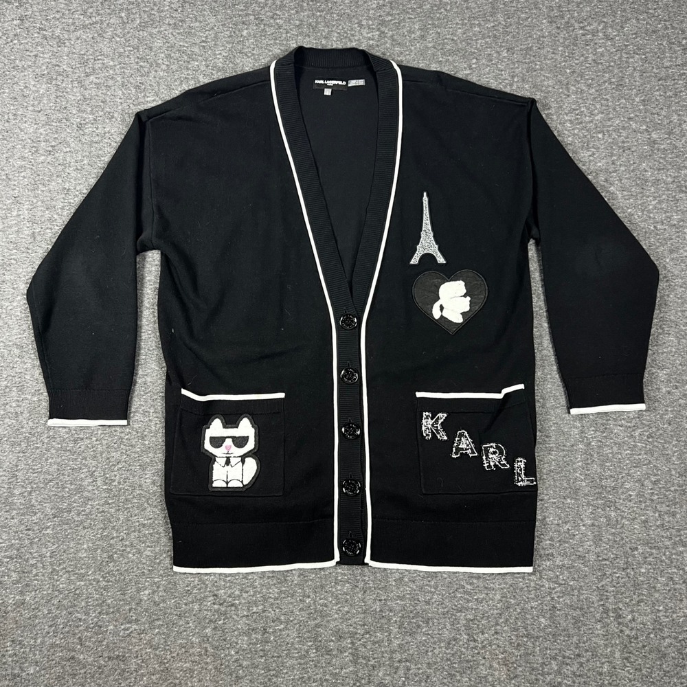 Karl Lagerfeld Paris Patchwork Cardigan Women's Large Black Knitted Grannycore